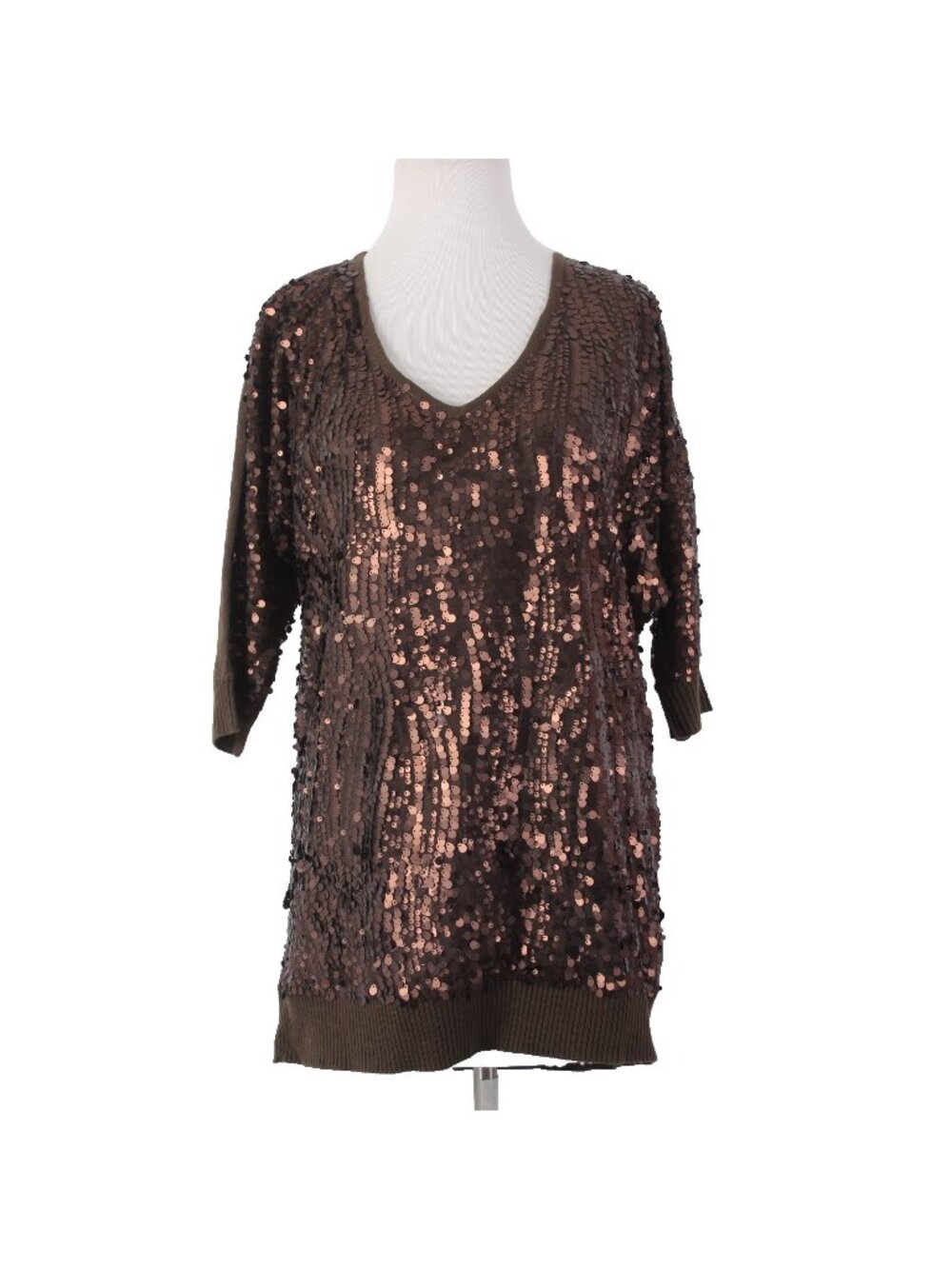 Joan Boyce Top Sz S Brown Sequin V Neck Half Sleeve 100% Acrylic Top